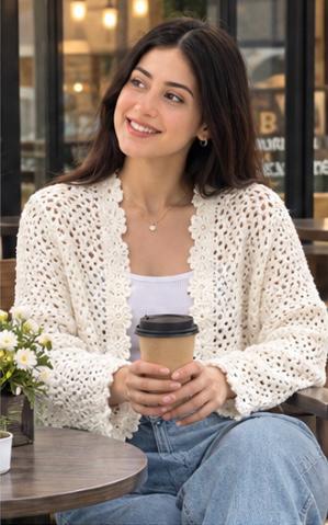 White Crochet Cardigan - Handmade Floral Lace Open Front Cropped Cardigan