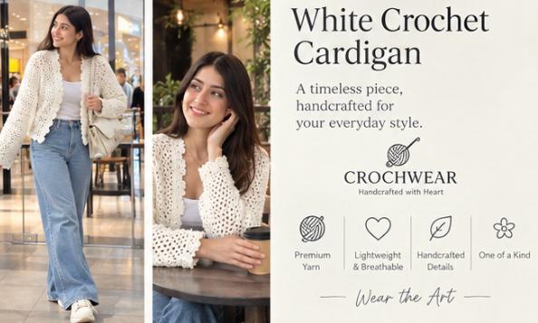 White Crochet Cardigan - Handmade Floral Lace Open Front Cropped Cardigan