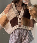 Chunky Knit Patchwork Cardigan - Brown, Camel & Cream Oversized Cropped Sweater