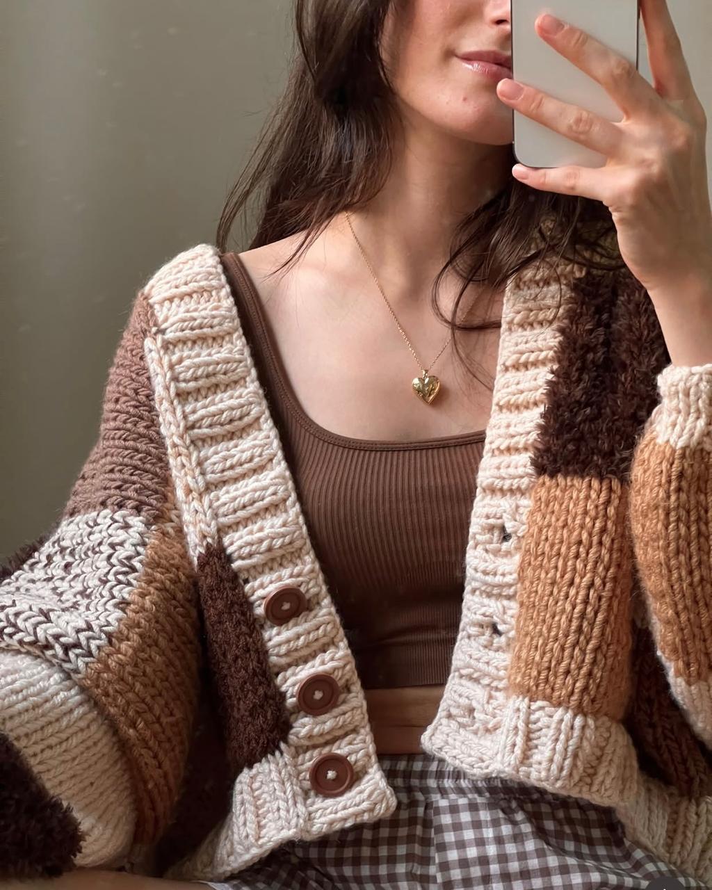 Chunky Knit Patchwork Cardigan - Brown, Camel & Cream Oversized Cropped Sweater