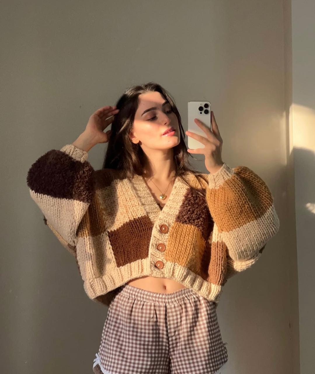 Chunky Knit Patchwork Cardigan - Brown, Camel & Cream Oversized Cropped Sweater