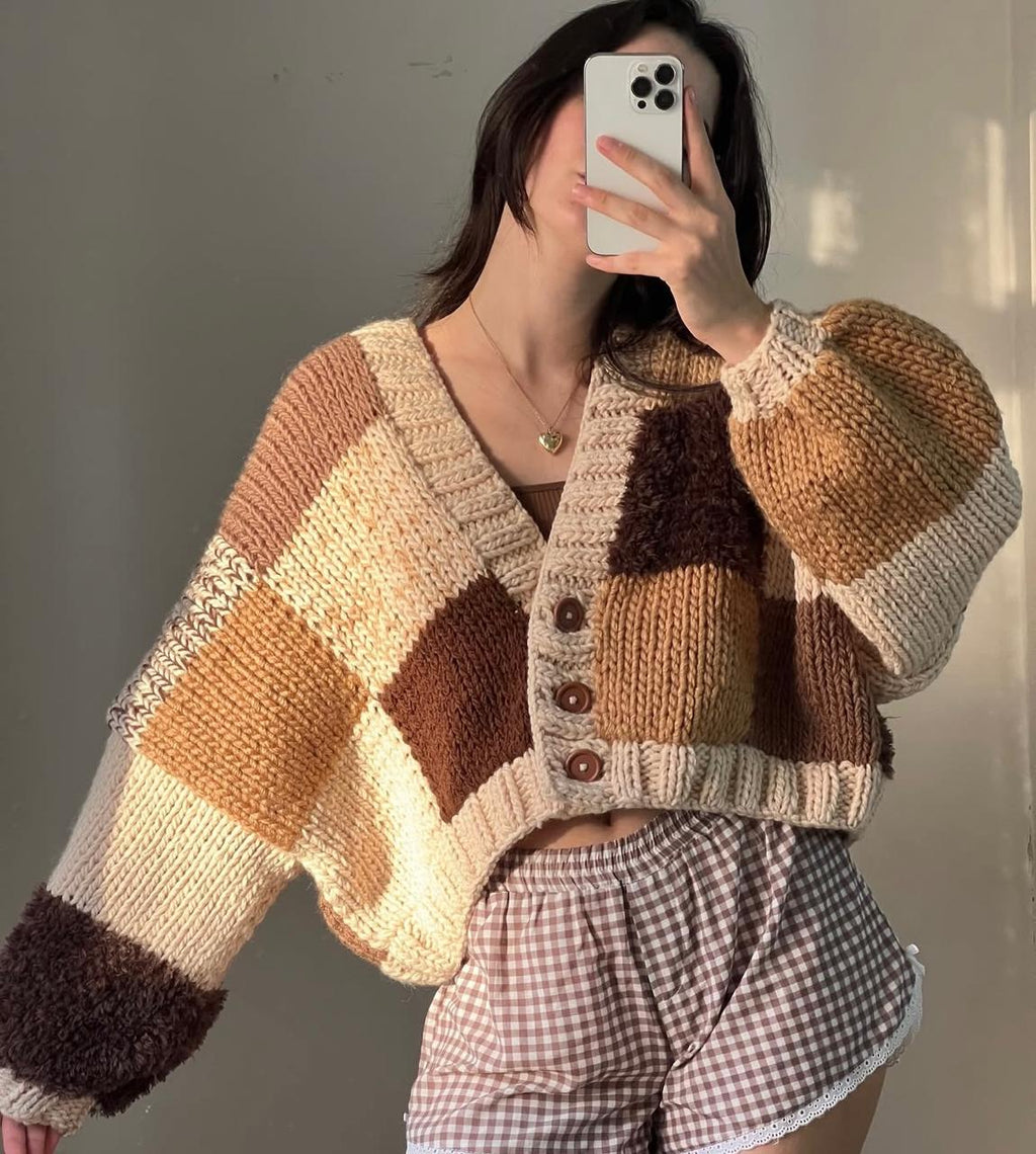 Chunky Knit Patchwork Cardigan - Brown, Camel & Cream Oversized Cropped Sweater