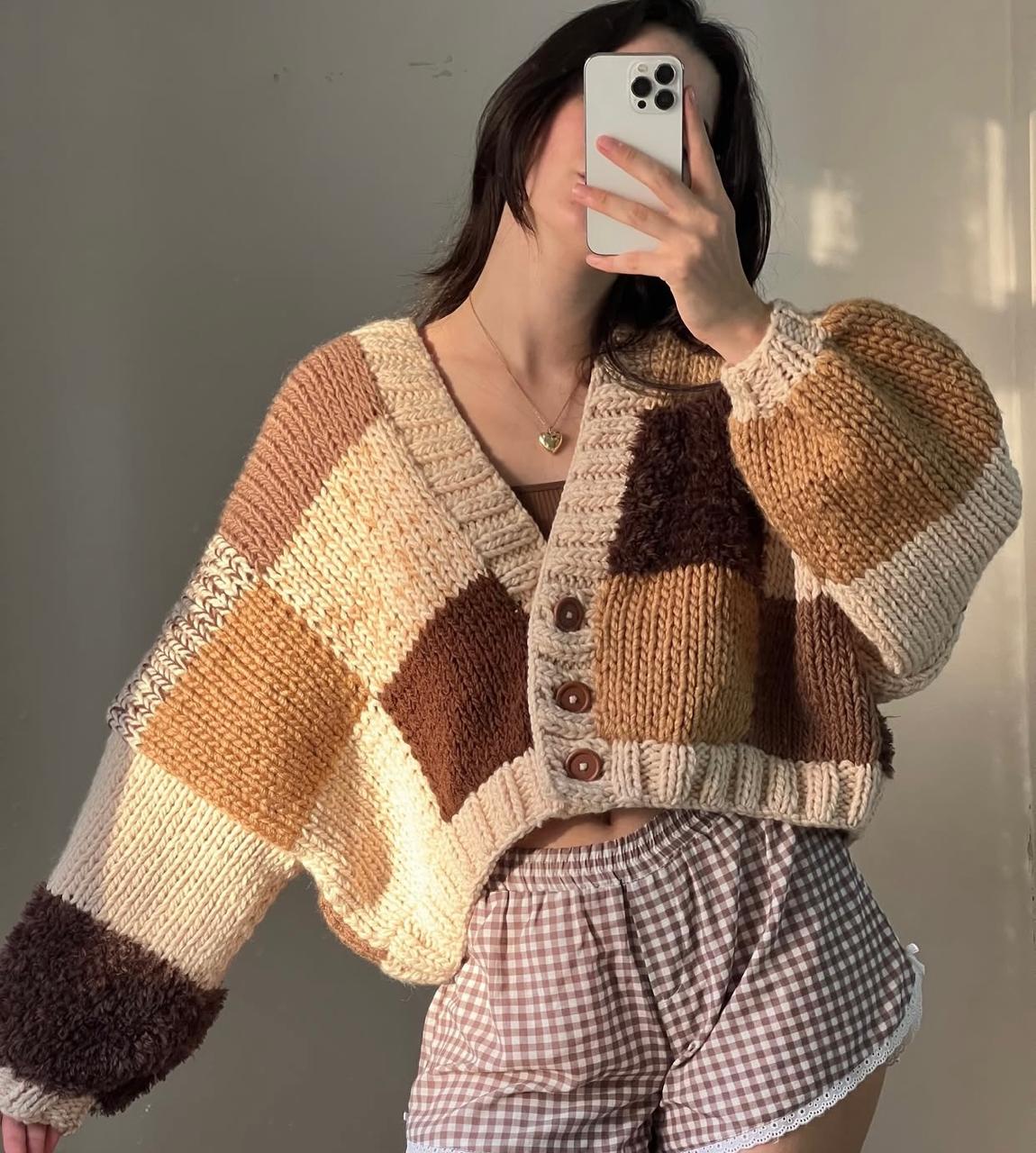 Chunky Knit Patchwork Cardigan - Brown, Camel & Cream Oversized Cropped Sweater