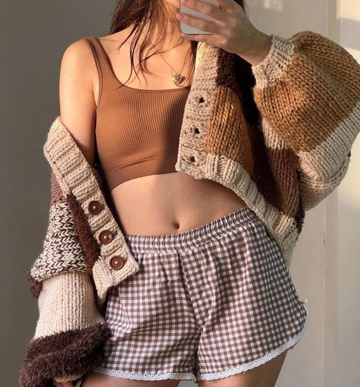 Chunky Knit Patchwork Cardigan - Brown, Camel & Cream Oversized Cropped Sweater