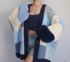 Chunky Knit Blue Patchwork Cardigan - Oversized Checkered Button-Up Sweater