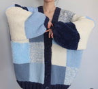 Chunky Knit Blue Patchwork Cardigan - Oversized Checkered Button-Up Sweater