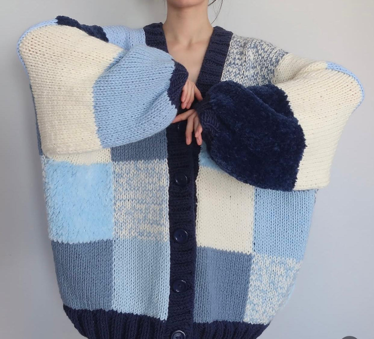 Chunky Knit Blue Patchwork Cardigan - Oversized Checkered Button-Up Sweater