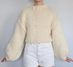 Chunky Knit Cream Sweater - Oversized Boat Neck Pullover with Balloon Sleeves