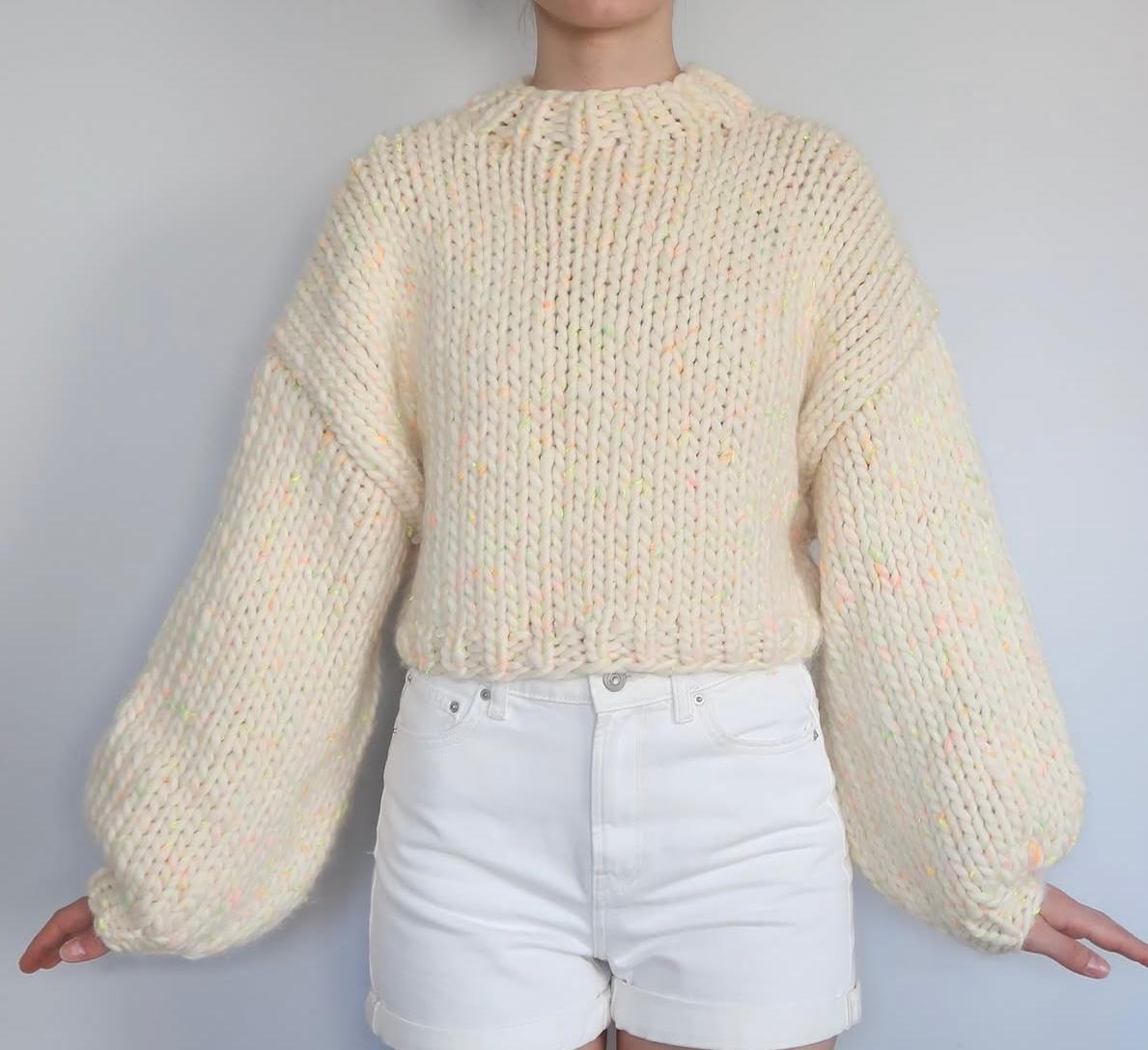 Chunky Knit Cream Sweater - Oversized Boat Neck Pullover with Balloon Sleeves