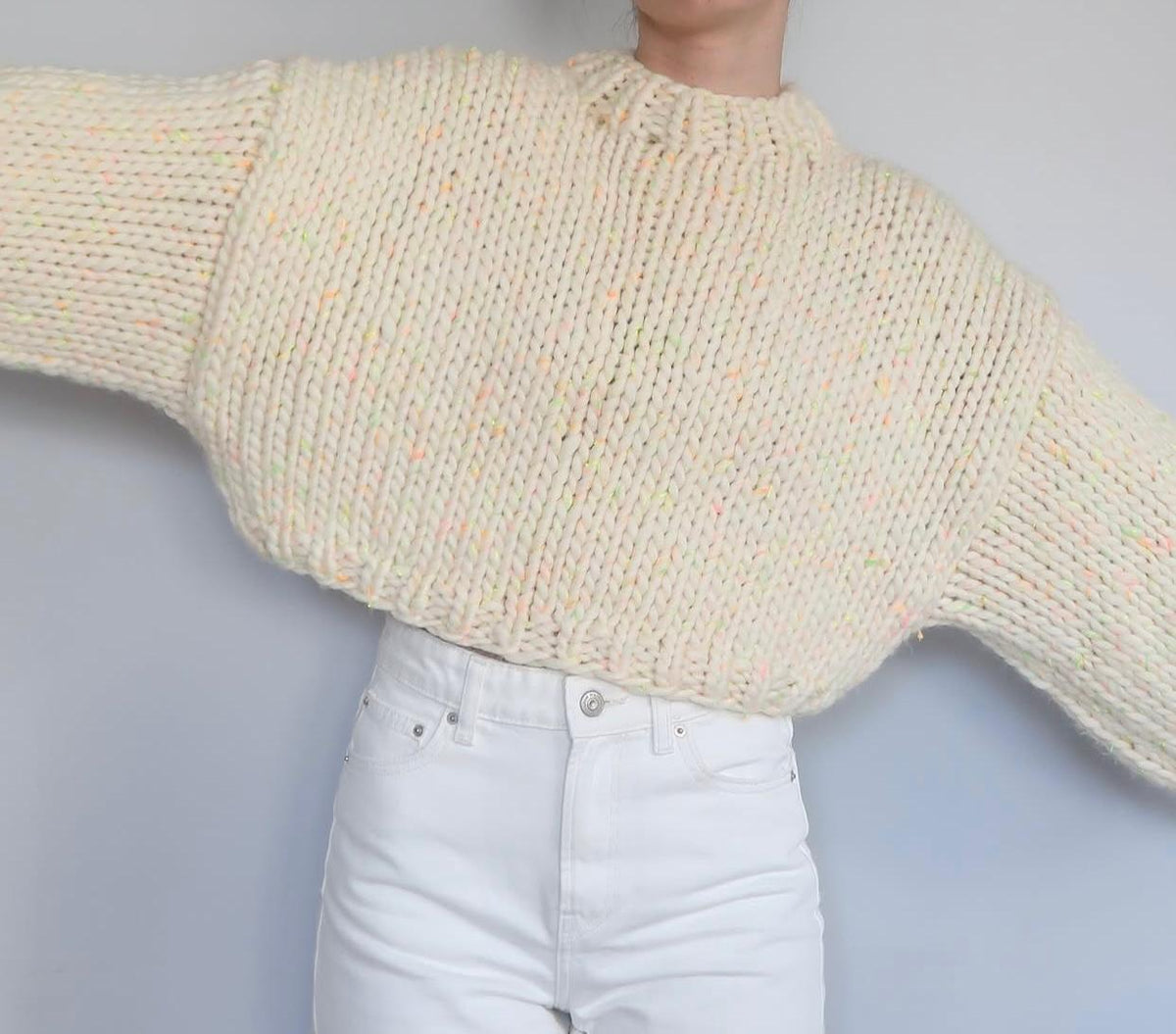 Chunky Knit Cream Sweater - Oversized Boat Neck Pullover with Balloon Sleeves