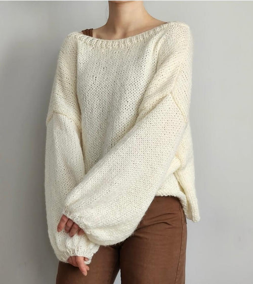 Chunky Knit Cream Sweater - Oversized Boat Neck Pullover with Balloon Sleeves