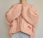 Chunky Knit Pink Cardigan - Oversized Cropped Sweater with Mushroom Pockets