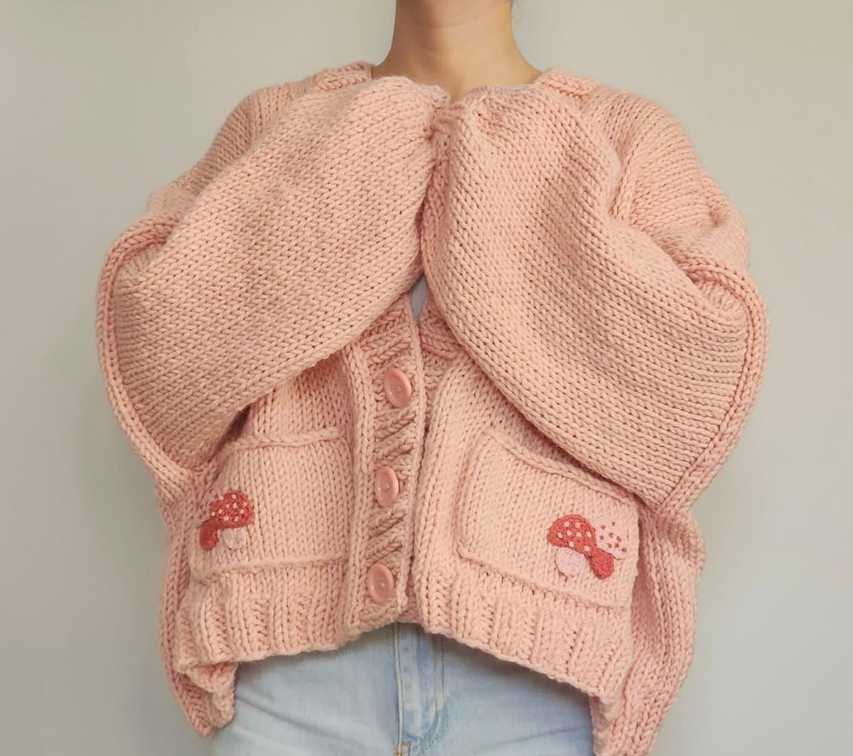 Chunky Knit Pink Cardigan - Oversized Cropped Sweater with Mushroom Pockets