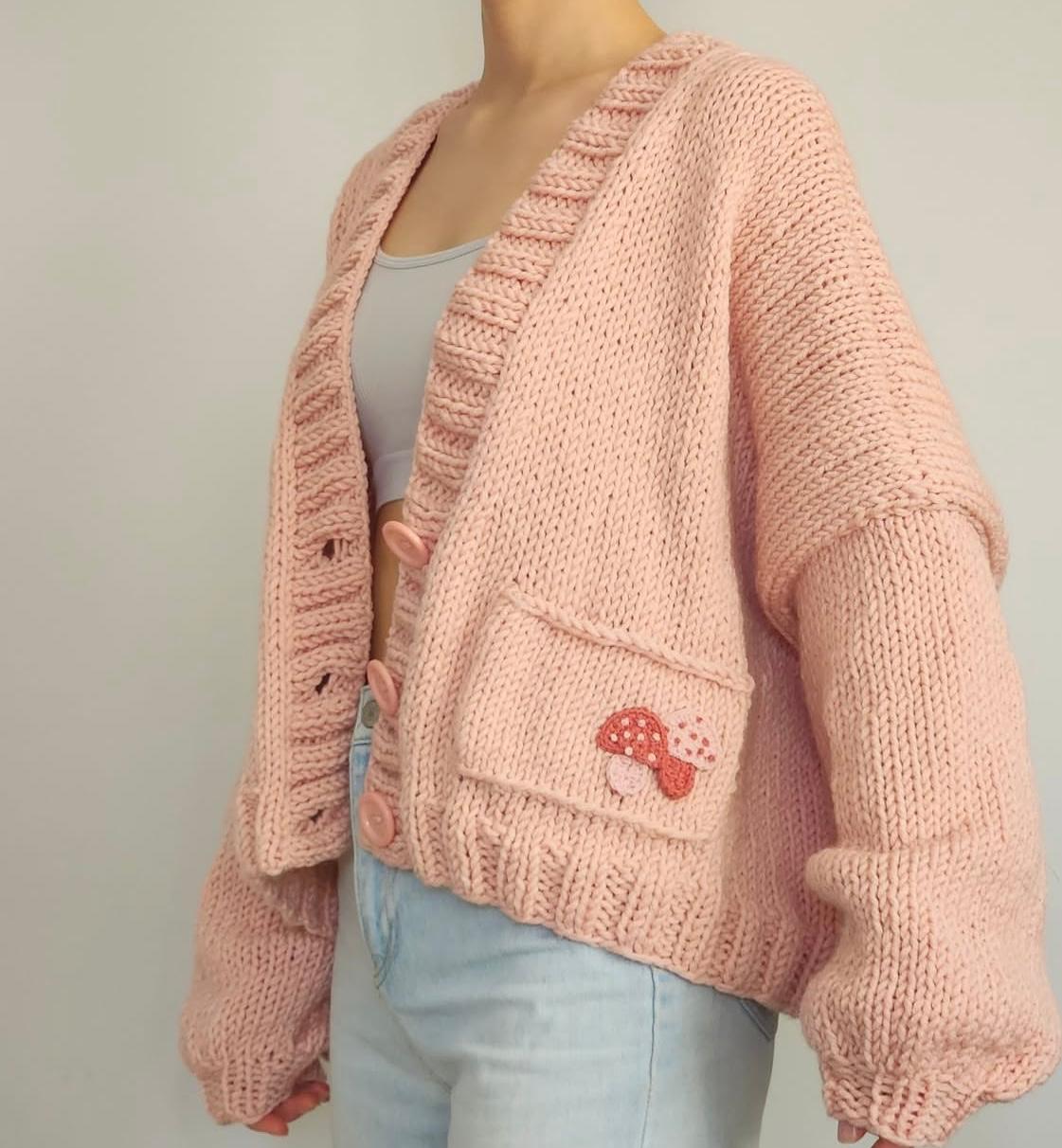 Chunky Knit Pink Cardigan - Oversized Cropped Sweater with Mushroom Pockets