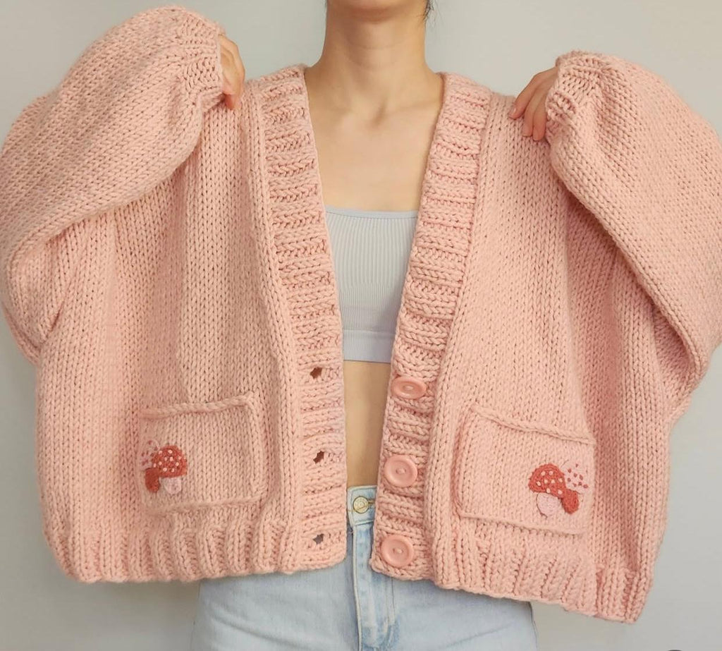 Chunky Knit Pink Cardigan - Oversized Cropped Sweater with Mushroom Pockets