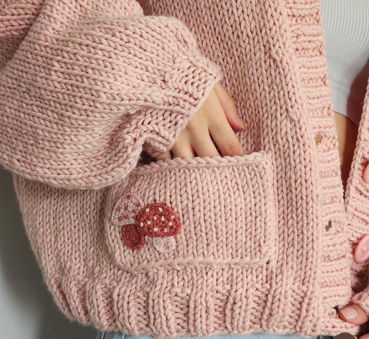 Chunky Knit Pink Cardigan - Oversized Cropped Sweater with Mushroom Pockets