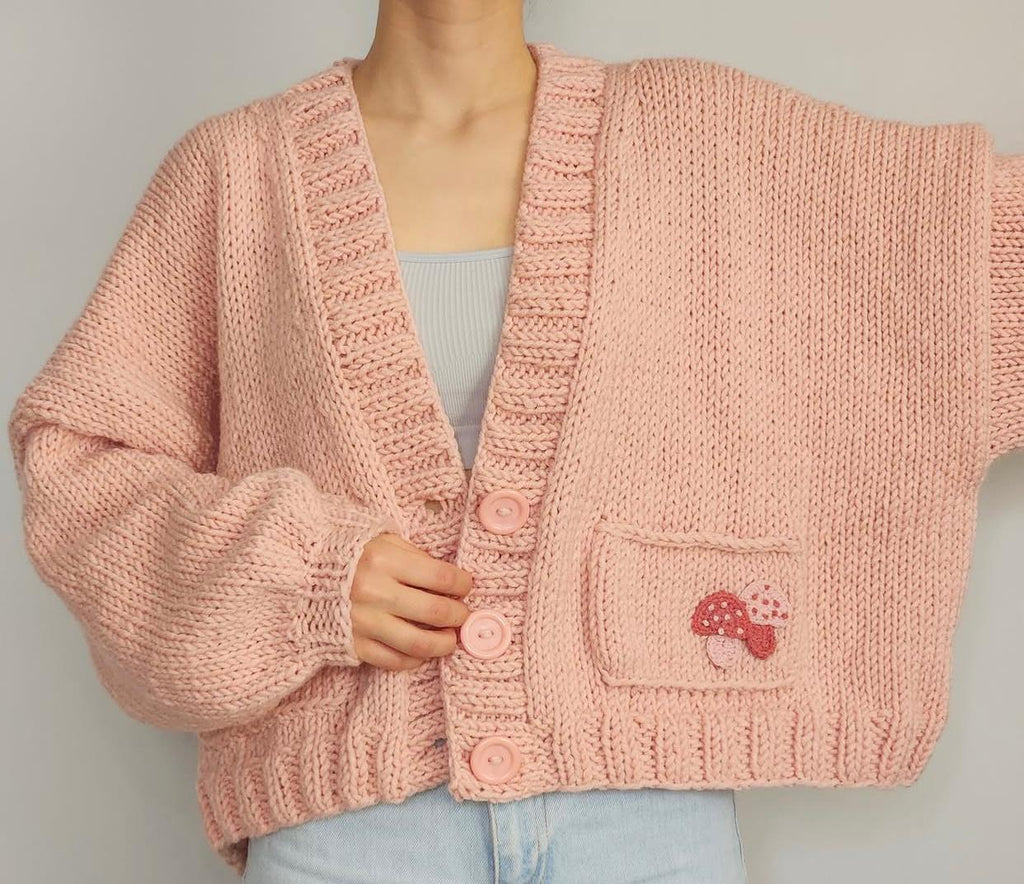 Chunky Knit Pink Cardigan - Oversized Cropped Sweater with Mushroom Pockets
