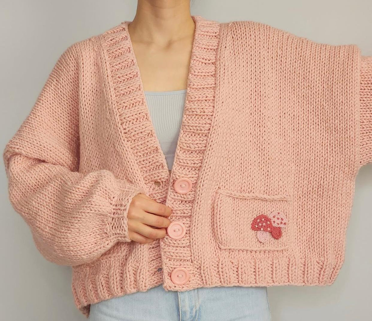Chunky Knit Pink Cardigan - Oversized Cropped Sweater with Mushroom Pockets