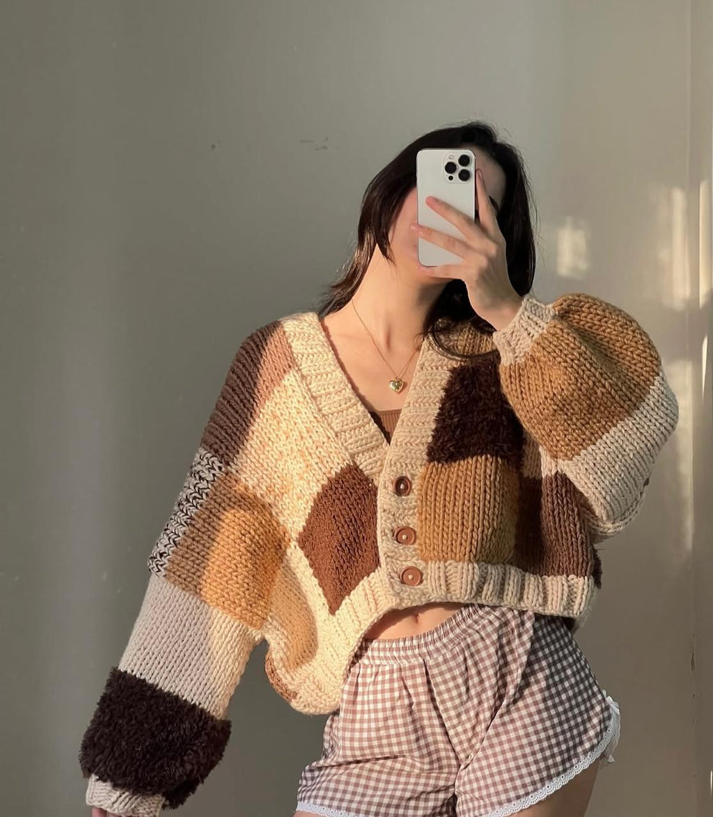 Chunky Knit Patchwork Cardigan - Brown, Camel & Cream Oversized Cropped Sweater