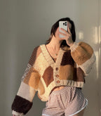 Chunky Knit Patchwork Cardigan - Brown, Camel & Cream Oversized Cropped Sweater