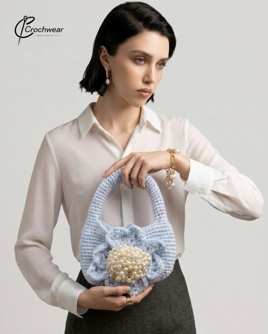 The Powder Blue Pearl Bag (Handcrafted Crochet Purse with Pearl Detail)