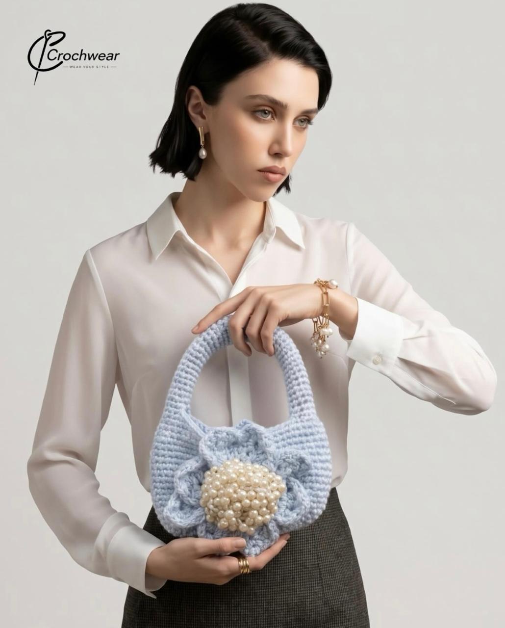 The Powder Blue Pearl Bag (Handcrafted Crochet Purse with Pearl Detail)