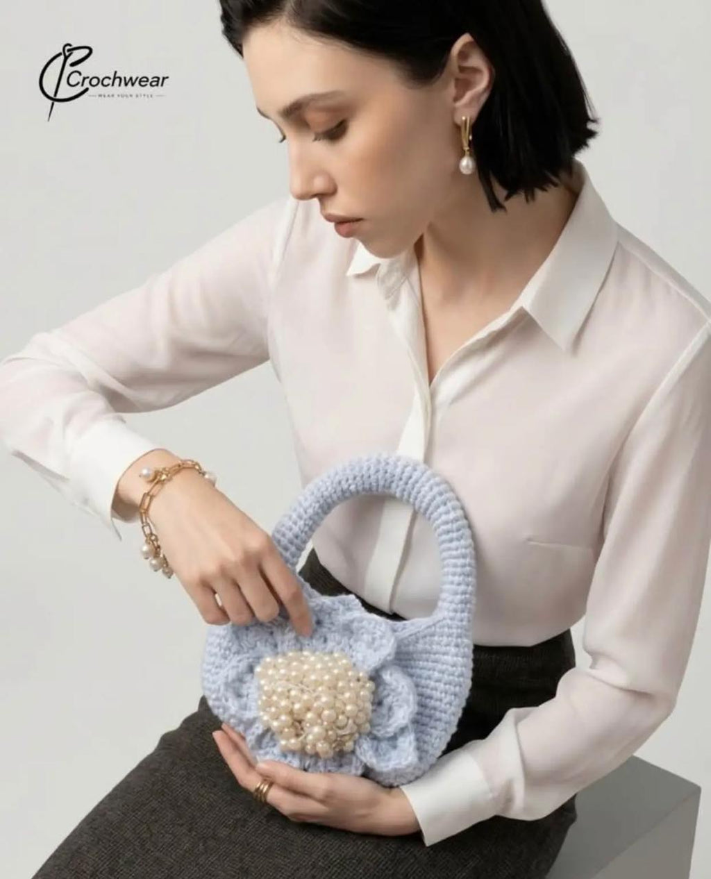 The Powder Blue Pearl Bag (Handcrafted Crochet Purse with Pearl Detail)